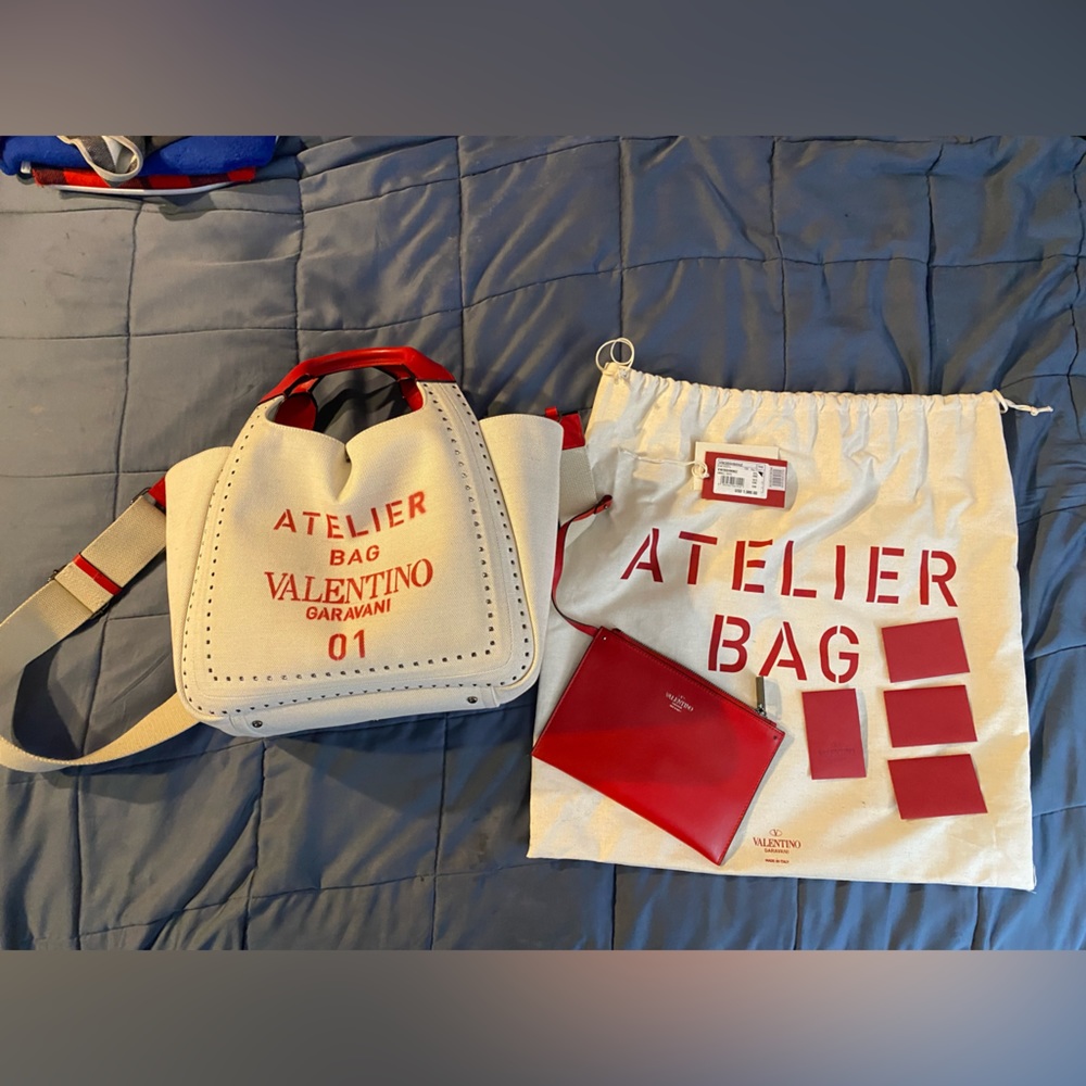 Valentino Atelier canvas natural and red tote
